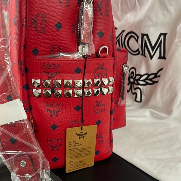 MCM Stark Side Studded Red Visatos Monogram Backpack with Leather Trim - Picture 3 of 16